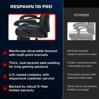 RESPAWN 110 Pro Ergonomic Gaming Chair with Footrest for Adults - Comfortable Office Gaming Recliner with Lumbar Support and Headrest, Racing Style Video Game Chairs for Computer Gamer - Blue