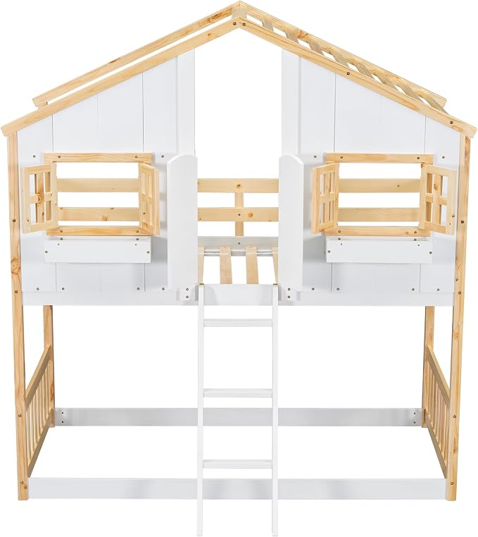 Twin over Twin House Bunk Bed with Roof,Windows,Door,Window Boxes,Safety Guardrails & Ladder,Pine Wood Frame,Low-Height Kids Bunk Beds for Bedrooms,Playful Loft Bed with Easy Assembly, Natural+White