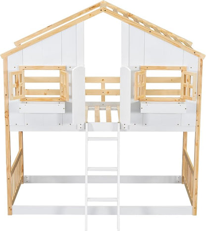 Twin over Twin House Bunk Bed with Roof,Windows,Door,Window Boxes,Safety Guardrails & Ladder,Pine Wood Frame,Low-Height Kids Bunk Beds for Bedrooms,Playful Loft Bed with Easy Assembly, Natural+White