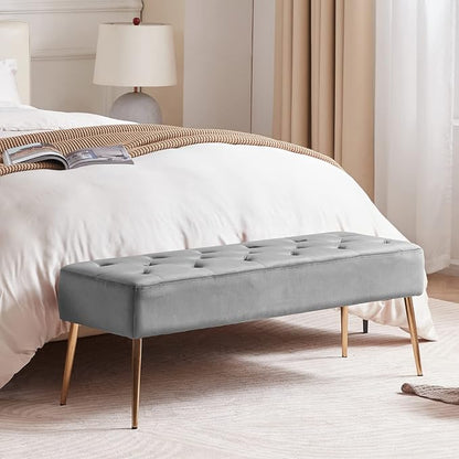 DUHOME Modern Velvet Ottoman Bench, Button-Tufted Upholstered Bedroom Benches,End of Bed Bench with Gold Base for Entryway Living Room Dining Room, Grey