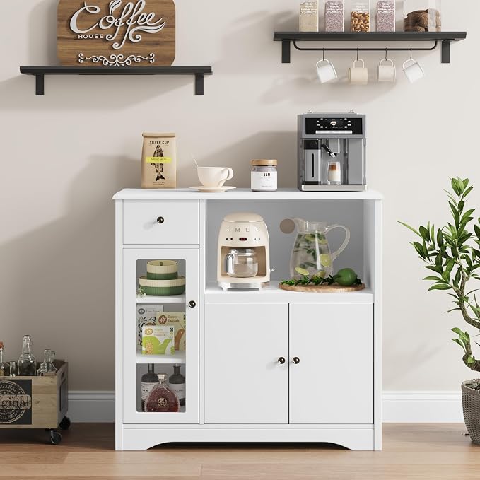 HORSTORS Microwave Cabinet, Kitchen Storage Cabinet with 3 Doors and 1 Drawer, Buffet Sideboard with Adjustable Shelves, Microwave Stand for Kitchen, Dining Room, White