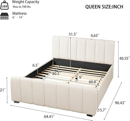 Merax Queen Size Upholstered Platform Bed with Thick Headboard and Footboard, Block Style Linen Fabric Bed Frame with Solid Wood Legs, Beige
