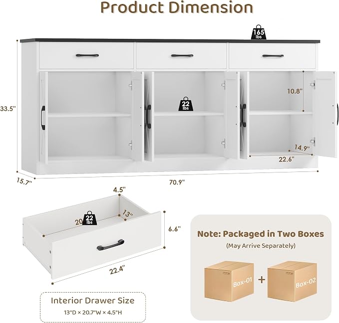 HOSTACK 71" Large Sideboard Buffet Cabinet with Storage, Farmhouse Coffee Bar Cabinet with 3 Drawers, Long Kitchen Buffet Table, Kitchen Sideboard Storage Cabinet for Dining, Living Room, White/Black