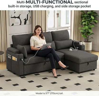 L-Shaped Sectional Sofa with Storage, Reversible Sleeper Sofa Couch with Chaise, Soft Fabric Upholstered Modular Couch with Cup Holder & Side Pockets, 1000lbs Capacity for Living Room (Black, 3-Seat)