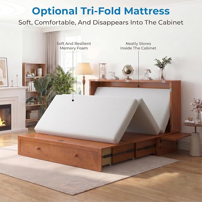 Mjkone Queen Murphy Bed Cabinet with Tri-Fold Mattress Included, Storage & Charging Station & Headboard Side Panel, 63"W Wood Murphy Cabinet Chest Beds, Guest Wall Bed for Living Room, Bedroom, Cherry