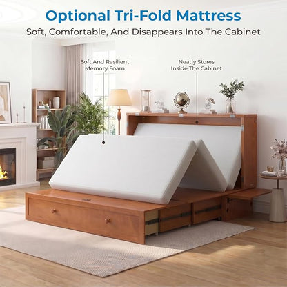 Mjkone Queen Murphy Bed Cabinet with Mattress Included, Cabinet Murphy Chest Bed with Drawer and USB Charging, Bedside Panel, Convertible Hidden Guest Wall Beds for Bedroom, Apartment - Cherry
