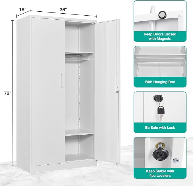 Metal Wardrobe Cabinet with Hanging Rod & Lock,White Armoire Wardrobe Closet,Metal Clothing Storage Cabinet with Adjustable Shelves and Doors,72" Armoire Storage Cabinets for Home,Living/Laundry Room