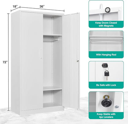 Metal Wardrobe Cabinet with Hanging Rod & Lock,White Armoire Wardrobe Closet,Metal Clothing Storage Cabinet with Adjustable Shelves and Doors,72" Armoire Storage Cabinets for Home,Living/Laundry Room