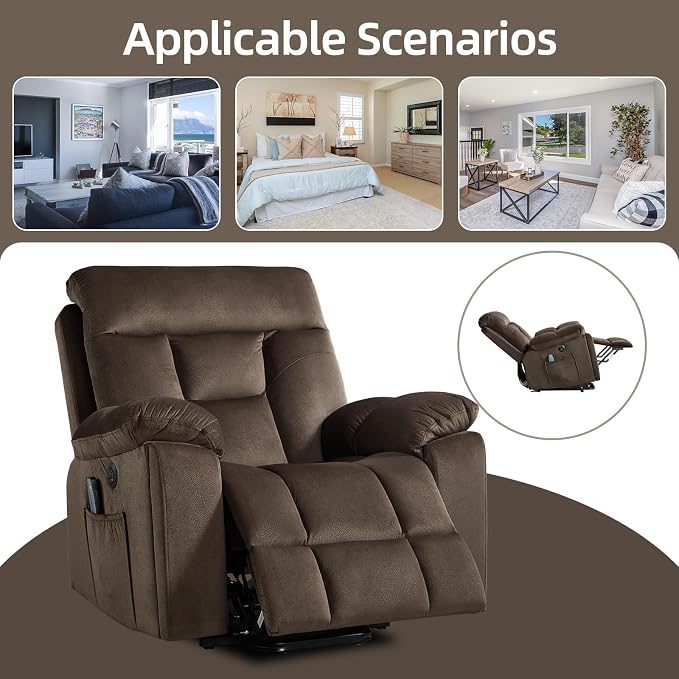 CANMOV Large Power Lift Recliner Chair with Massage and Heat for Elderly Big and Tall People, Overstuffed Wide Recliners with 2 Cup Holders, Side Pocket and USB Port, Dark Brown