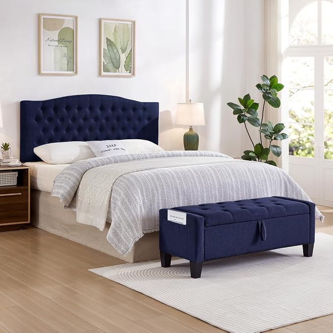24KF Upholstered Tufted Button Wall Mounted Linen Headboard,Comfortable Fashional Headboard Queen/Full Size,6055-Q-Navy Blue