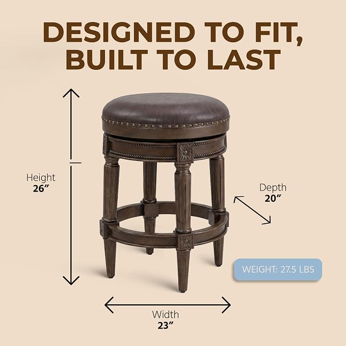 ROME + OAK Runyan 26" Swivel Counter Stool, Rotating Backless Barstool in Walnut with Brown Vegan Leather Seat - for Kitchens or Dining Rooms