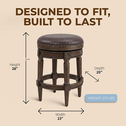 ROME + OAK Runyan 26" Swivel Counter Stool, Rotating Backless Barstool in Walnut with Brown Vegan Leather Seat - for Kitchens or Dining Rooms