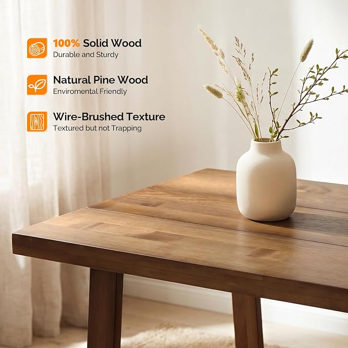 VINGLI 48 Inch Farmhouse Dining Table for 4-6, Solid Pine Wood Table with 4 Corner Protectors, Rectangular Dining Table for Kitchen, Dining Room, Small Apartment, Studio, Family Dinner, Walnut