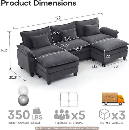 URRED Oversized Modular Sectional Sofa, 122" U Shaped Modern Comfy Cloud Couch with Movable Ottoman & Pillows, Deep Seat Couches for Living Room, Bedroom or Apartment (Velvet Grey, 122" U Shaped)