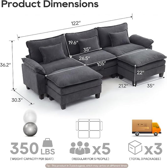 URRED Oversized Modular Sectional Sofa, 122" U Shaped Modern Comfy Cloud Couch with Movable Ottoman & Pillows, Deep Seat Couches for Living Room, Bedroom or Apartment (Velvet Grey, 122" U Shaped)