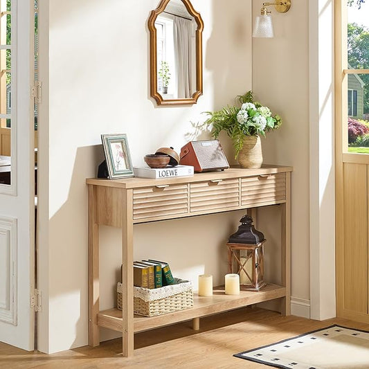 LEYAOYAO Fluted 47.2" Console Table with 3 Drawers, Modern Wood 2 Tier Entryway Table with Open Storage Shelf, Boho Sofa Entry Tables Behind Couch for Living Room, Hallway, Entrance Foyer, Natural Oak