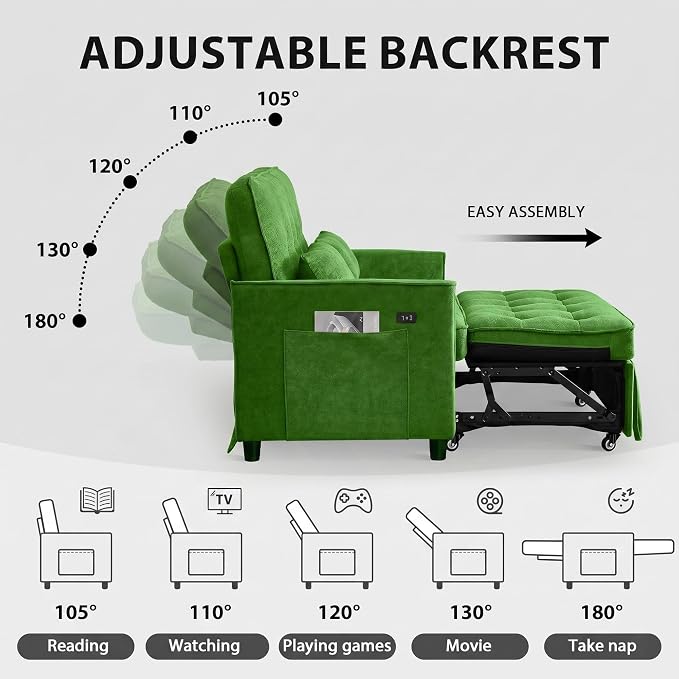 Convertible Sofa Bed, 3 in 1 Pull Out Couch, Loveseat Sleeper with Side Pocket, Sleeper Sofa with Adjustable Backrest | USB Charging Port | Two Pillows | Fabric | Light Green