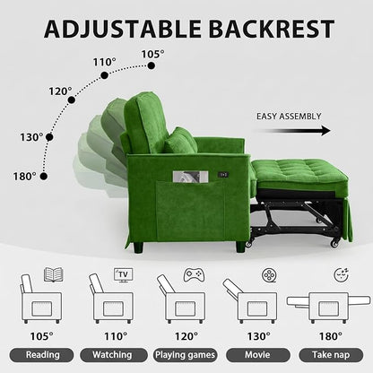 Convertible Sofa Bed, 3 in 1 Pull Out Couch, Loveseat Sleeper with Side Pocket, Sleeper Sofa with Adjustable Backrest | USB Charging Port | Two Pillows | Fabric | Light Green