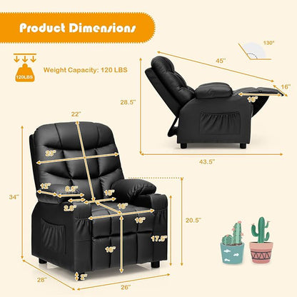 Costzon Kids Recliner Chair with Cup Holder, Adjustable Leather Lounge Chair w/Footrest & Side Pockets for Children Boys Girls Room, Ergonomic Toddler Furniture Sofa, Kids Recliner (Black)