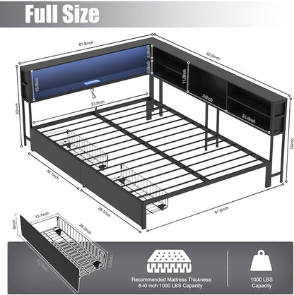 KEIKI Full Size Corner Bed Frames with Storage Drawers, Charging Station, Led Light & Bookcase Headboard, Wooden & Metal L-Shaped Captain Daybed for Small Room, Bedroom, Guest Room, kids'Room, Black