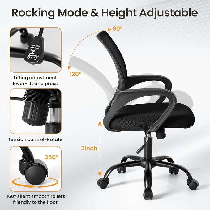 OLIXIS Office Desk Chair - Ergonomic Mid Back with Lumbar Support & Rocking Mode, Height Adjustable with Fixed Armrest, for Home, Computer, Gaming, Conference, Meeting, 360° Swivel, Black, 2 Pack