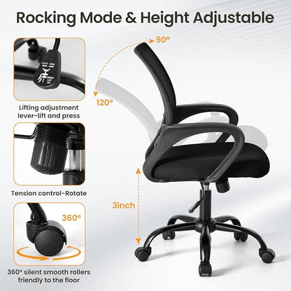 OLIXIS Office Desk Chair - Ergonomic Mid Back with Lumbar Support & Rocking Mode, Height Adjustable with Fixed Armrest, for Home, Computer, Gaming, Conference, Meeting, 360° Swivel, Black, 2 Pack