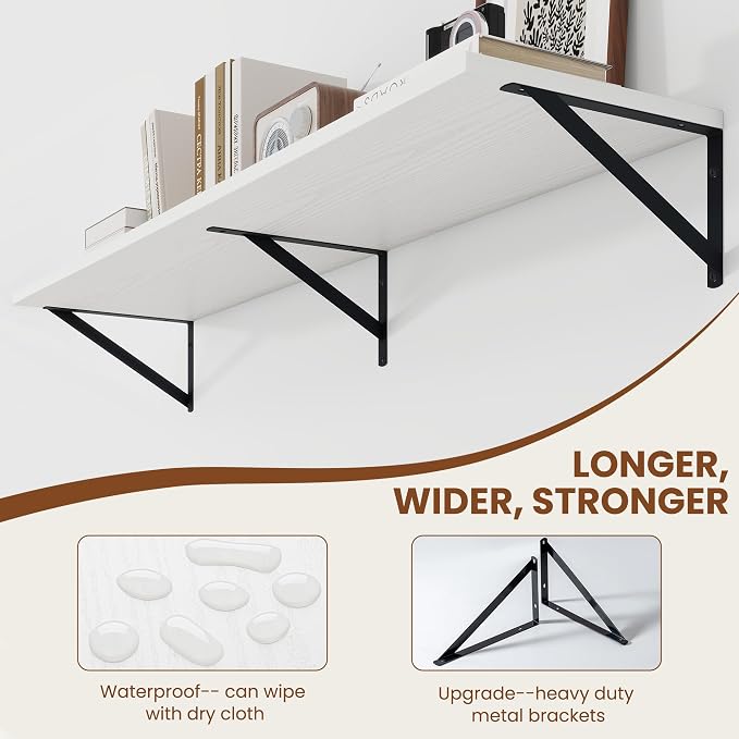 Heimlove White Deep Floating Shelves for Wall, 44W x 12D Wood Wall Shelves Set of 2, Wide Floating Bookshelf for Living Room, Kitchen, Office, Bedroom and Decor Storage, with Black Bracket - White