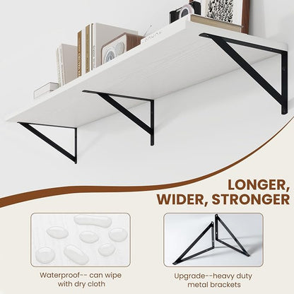 Heimlove White Deep Floating Shelves for Wall, 44W x 12D Wood Wall Shelves Set of 2, Wide Floating Bookshelf for Living Room, Kitchen, Office, Bedroom and Decor Storage, with Black Bracket - White