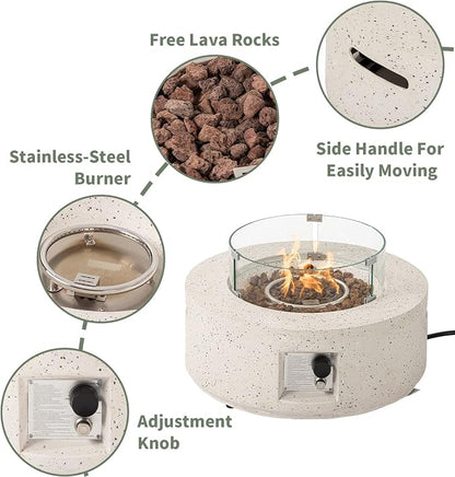 COSIEST Outdoor Propane Fire Pit Coffee Table, 28-inch Terrazzo Round Base Patio Heater, Certified, 40,000 BTU Stainless Steel Burner, Wind Guard, Free Lava Rocks, Waterproof Cover