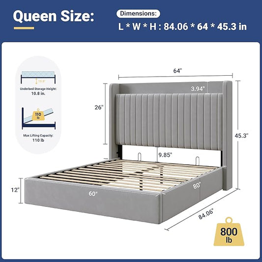 Allewie Queen Size Lift Up Storage Bed Frame,Storage Shelf Headboard with Charging Station,Type-C and USB Ports,Hydraulic Support,Velvet Upholstered Bed Frame,No Box Spring Needed,Grey