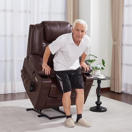 MCombo Large Power Lift Recliner Chair with Massage and Heat for Tall Elderly People, 3 Positions, Cup Holders, and USB Ports, Faux Leather 7516 (Large, Dark Brown)