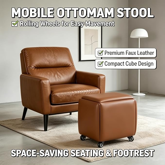 5 in 1 Nesting Ottoman Cube Chair, Stackable Stools, Leather Square Ottoman Bench, Foot Stool with Wheels for Living Room,Dining Room 15.75x15.75x16.54 inches