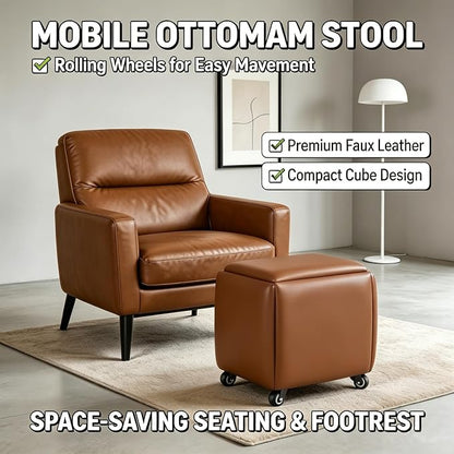 5 in 1 Nesting Ottoman Cube Chair, Stackable Stools, Leather Square Ottoman Bench, Foot Stool with Wheels for Living Room,Dining Room 15.75x15.75x16.54 inches