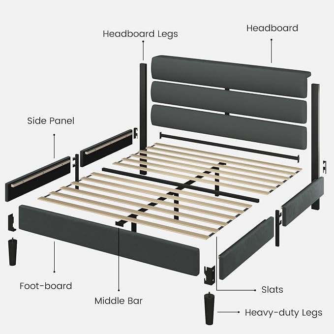 Fluest Queen Size Bed Frame, Platform Bed Frame with Velvet Upholstered Headboard, No Box Spring Needed, Sturdy Metal Support, Noise Free, Easy Assembly, Grey