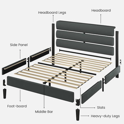 Fluest Queen Size Bed Frame, Platform Bed Frame with Velvet Upholstered Headboard, No Box Spring Needed, Sturdy Metal Support, Noise Free, Easy Assembly, Grey