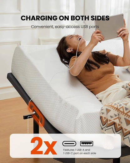 AMADA HOMEFURNISHING Adjustable Bed Frame, Split King Adjustable Bed Base with 4 USB Ports & Under-Bed Nightlight, Head & Foot Incline, Electric Bed Frame with 4 Height Options