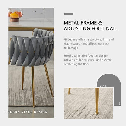 Velvet Dining Chairs Set of 6, Modern Upholstered Dining Room Chairs with Golden Metal Legs and Woven Backrest for Dining Room, Kitchen, Vanity, Living Room (Grey)