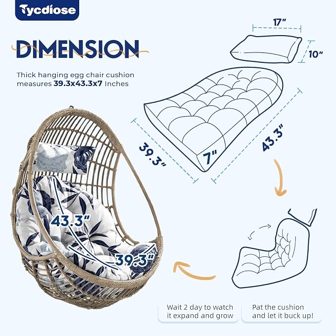 Outdoor Hanging Egg Chair Cushion Replacement, Extra Large Waterproof Egg Swing Cushions with Headrest Pillow and Ties, U-Shaped Thickened Cushion for Hanging Eggs Chair (Blue Enchantress)