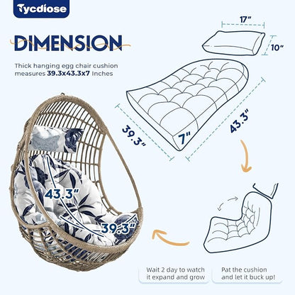 Outdoor Hanging Egg Chair Cushion Replacement, Extra Large Waterproof Egg Swing Cushions with Headrest Pillow and Ties, U-Shaped Thickened Cushion for Hanging Eggs Chair (Blue Enchantress)