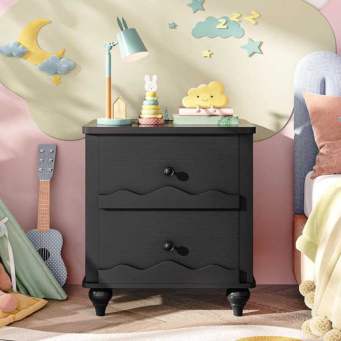 Cyclysio Black Nightstand with Charging Station, Scalloped Bedside Table with 2 Smooth Drawers, Modern End Table with Solid Wood Legs for Bedroom and Small Spaces