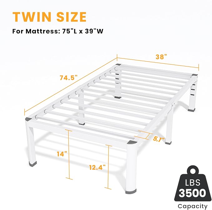 14 Inch Twin Bed Frame, Metal Platform Bed Frame with Round Corner Legs, 3500 lbs Heavy Duty Steel Slats Support, No Box Spring Needed, Noise Free, Easy Assembly, White