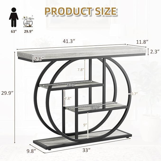 Shintenchi 41.3 inches Console Table with Storage, Industrial Entryway Table, 4-Tier Shelves Sofa Table Behind Couch, Narrow Wood Accent Table for Living Room, Entryway, Entrance, Hallway, Foyer, Grey