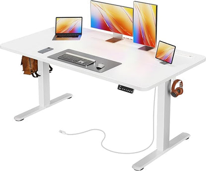 Huuger Electric Standing Desk with Power Outlets and USB-C Port, 55 X 24 Inch Height Adjustable Desk, Sit Stand Desk for Home Office, Computer & Gaming Desk with 4 Presets, Stable Steel Frame, White