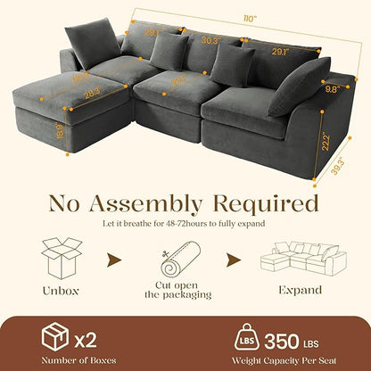 Benazcap 110" Cloud Sectional Couches for Living Room, L-Shaped Convertible Sofa, 3-Seat Modular Boneless Couch with Movable Ottoman, Dark Grey