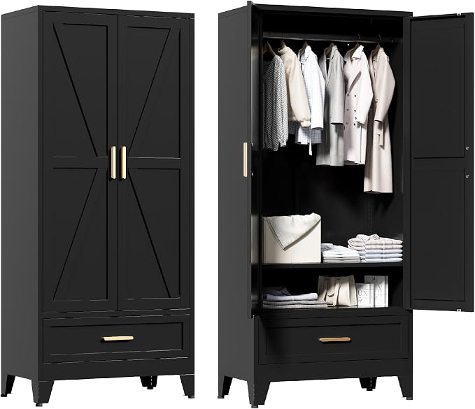 Washsemba 71'' Black Farmhouse Metal Wardrobe Cabinet with Hanging Rod, 2 Barn Door Wardrobe Closet with Adjustable Shelves,Drawer,for Dining Room,Bedroom,Living Room, Cloak Room,Office