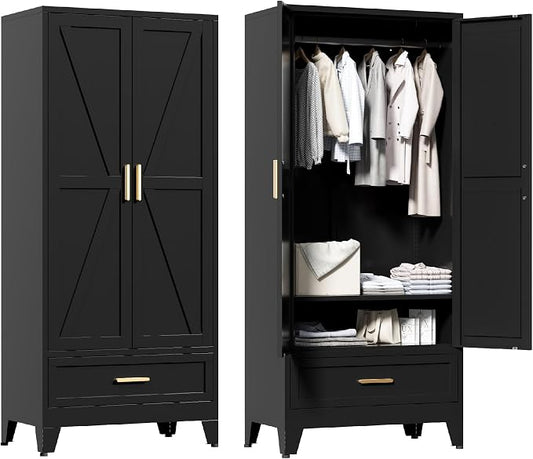 Washsemba 71'' Black Farmhouse Metal Wardrobe Cabinet with Hanging Rod, 2 Barn Door Wardrobe Closet with Adjustable Shelves,Drawer,for Dining Room,Bedroom,Living Room, Cloak Room,Office