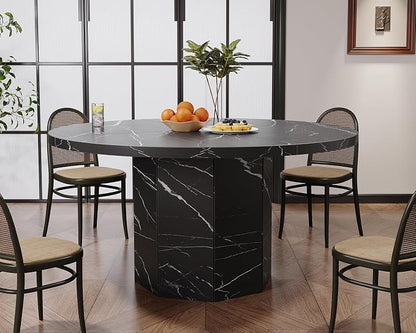 HSH Round Dining Table for 4-6 People, 47” Black Faux Marble Kitchen Table only, Modern Wooden Dinner Table for Living Dining Room with Octagon Base, Black Faux Marble, 47 Inch