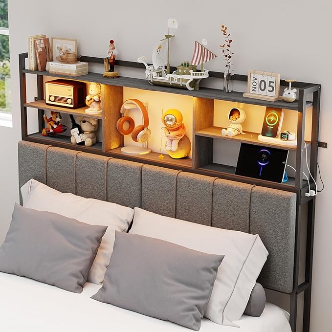 54.8" Tall King Size Headboard with 3-Tier Storage Shelves, Linen Upholstered Head Board with USB & Type C Port & LED Light, Soft Backrest for King Size Bed,Sturdy Headboard Only
