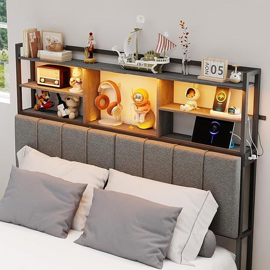54.8" Tall King Size Headboard with 3-Tier Storage Shelves, Linen Upholstered Head Board with USB & Type C Port & LED Light, Soft Backrest for King Size Bed,Sturdy Headboard Only