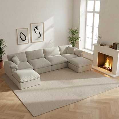 Modern Modular Sectional Sofa U-Shaped 6-Seat with Ottoman,Light Beige-Extra Comfty Deep Seat Couch for Living Room,Apartment,Office & Small Spaces